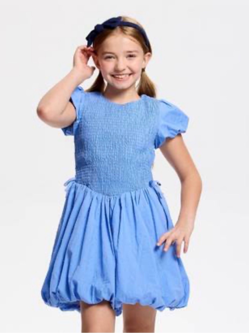 NWT Owillo Target Girls Large Blue Smocked Bodice Bubble Hem A-Line Dress Size L